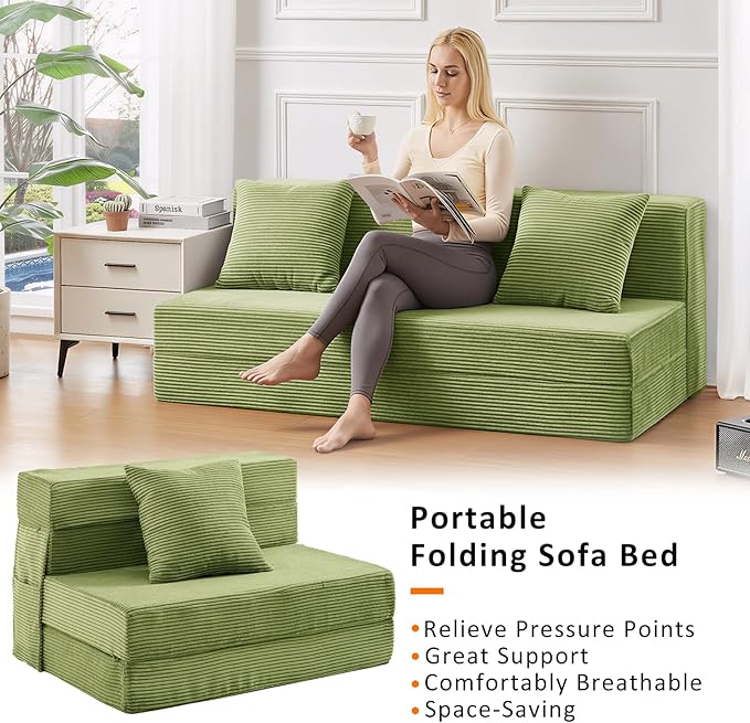 JKMAX Twin Size Folding Sofa Bed - 4 in 1 Convertible Sleeper Chair with Pillow - High Density Memory Foam Futon Couch - Foldable Bed for Living Room Bedroom (Green)