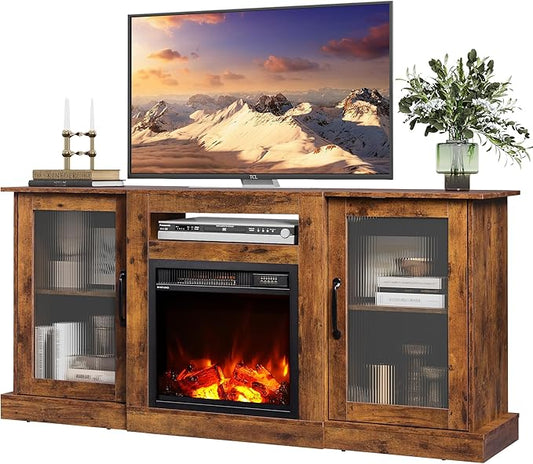 WLIVE Fireplace TV Stand for 65" TV, Entertainment Center with 3D Realistic Flame Electric Fireplace, TV Console with Open Shelves for Living Room, Rustic Brown