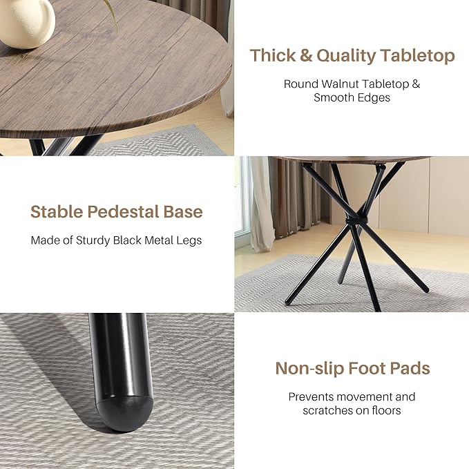Round Dining Table, Modern Wood Kitchen Dining Table with Metal Legs, 31.5'' Small Dinner Room Table for 2 to 4 People, Circle Table for Home Kitchen, Dining Room, Living Room