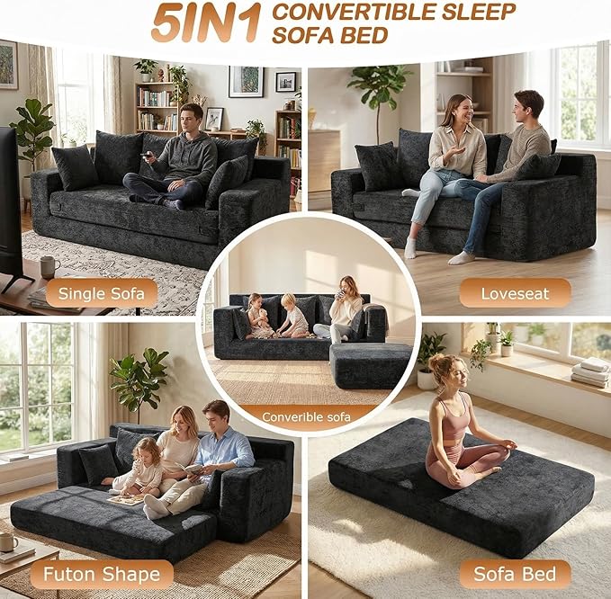 Convertible Sofa Bed, 5 in 1 Small Boneless Couch Pull Out Loveseat Sleeper Sofa,Corduroy Futon Couch Folding Mattress with 4 Pillows for Living Room Bedroom Lounge (Black, 3 Seater)