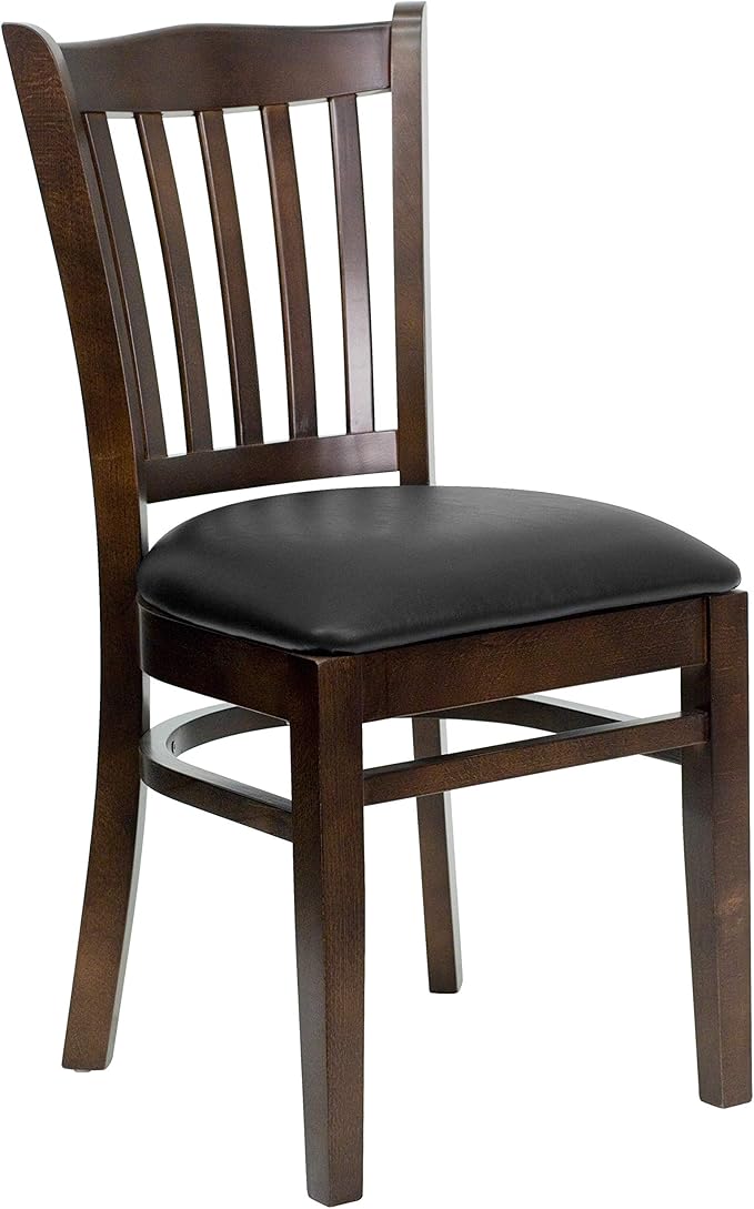 Flash Furniture 2 Pack HERCULES Series Vertical Slat Back Walnut Wood Restaurant Chair - Black Vinyl Seat
