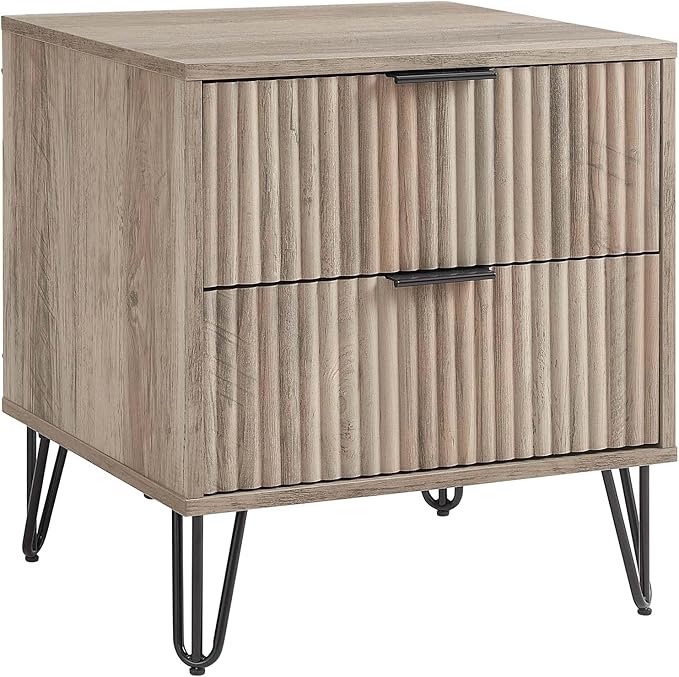 Manhattan Comfort Dumbo Modern Nightstand 2.0 with 2 Metal Feet | Splayed Gold Legs | Vertical Ribbed Design | No Tool Assembly Storage for Bedroom, Set of 2, Rustic Grey