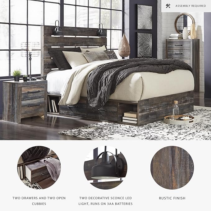 Signature Design by Ashley Drystan Rustic King Panel Platform Bed with 2 Storage Drawers, Open Cubbies, Sconce LED Lights and USB Ports, Foundation or Box Spring Not Needed, Dark Brown & Gray