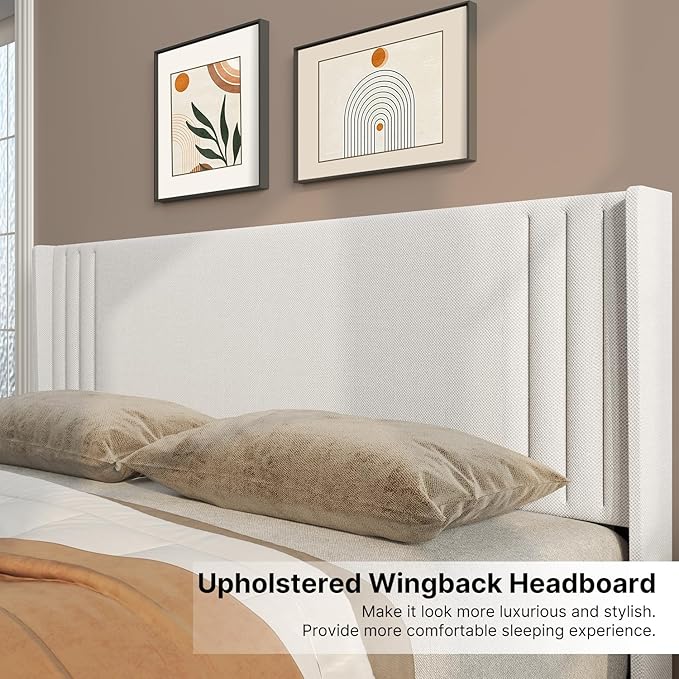 Gizoon Queen Bed Frame, Upholstered Platform Bed with Wingback and Modern Geometric Headboard, Wooden Slats, Noise-Free, No Box Spring Needed