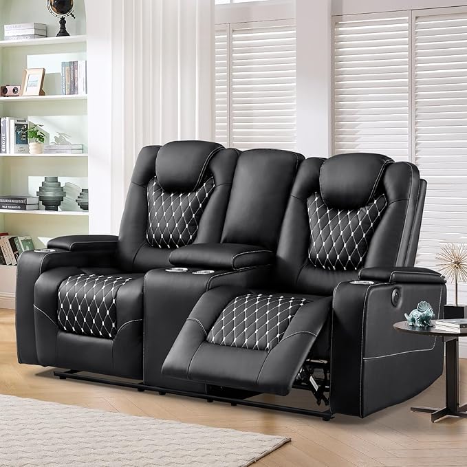 ANJ Reclining Loveseat,Power Recliner Sofa with USB Ports and Cup Holders - Overstuffed Electric Living Room Seating PU Leather Double Recliner with Hidden Arm Storage, Easy to Clean (Black)