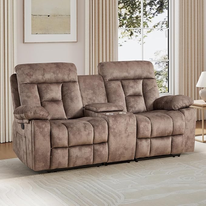 EBELLO Loveseat Recliner Sofa for Living Room, Extra Wide Modern Overstuffed 2 Seat Reclining Manual Sofa Chair, with Hidden Armrest Cup Holders, Breathable Fabric, Brown
