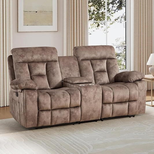 EBELLO Loveseat Recliner Sofa for Living Room, Extra Wide Modern Overstuffed 2 Seat Reclining Manual Sofa Chair, with Hidden Armrest Cup Holders, Breathable Fabric, Brown