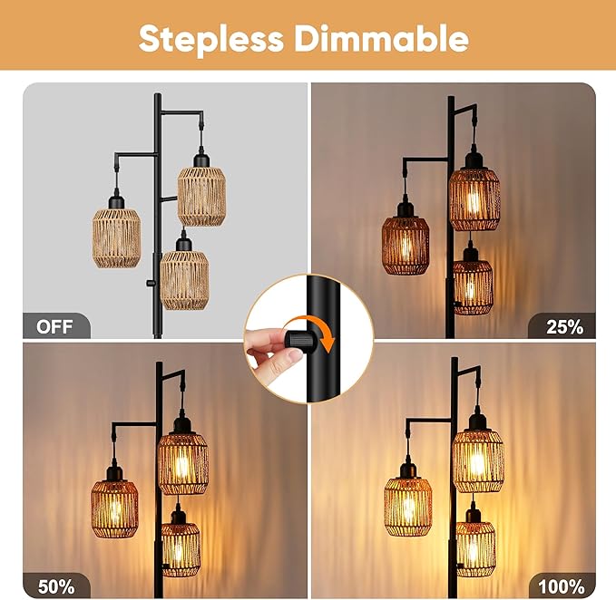 ROTTOGOON Dimmable Boho Floor Lamp - 3 Light Farmhouse Rattan Floor Lamp for Living Room, Industrial Tree Floor Lamps with 3 X 6W LED Bulbs, Rustic Standing Tall Lamp for Bedroom, Office, 68", Black