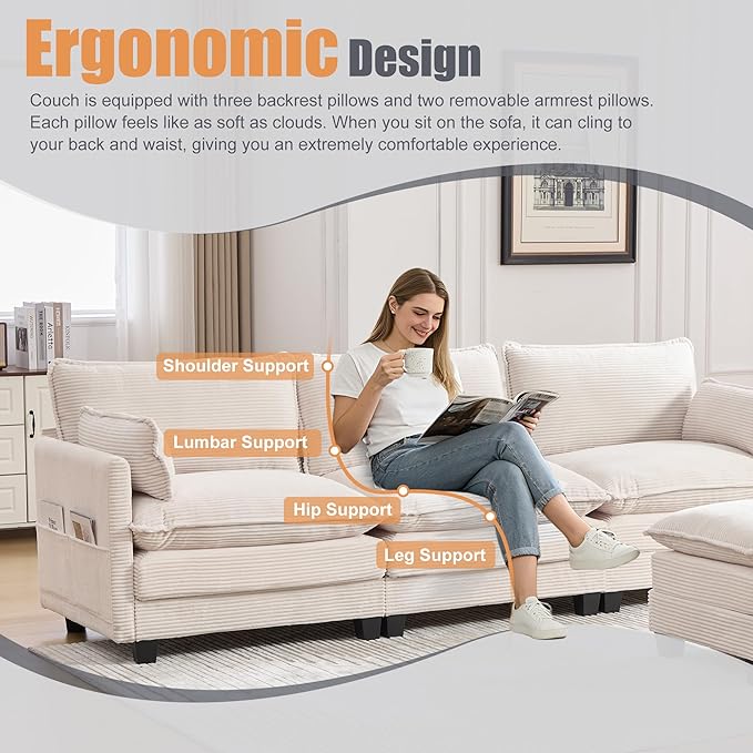 103" Oversized Modular Sectional Sofa Couch with Reversible Ottoman, Free Combination Convertible Corner Couch,Corduroy Upholstered Cloud Sectional Couch with Side Pockets | Multiple Cushions, DIY Combination, Removable Cover