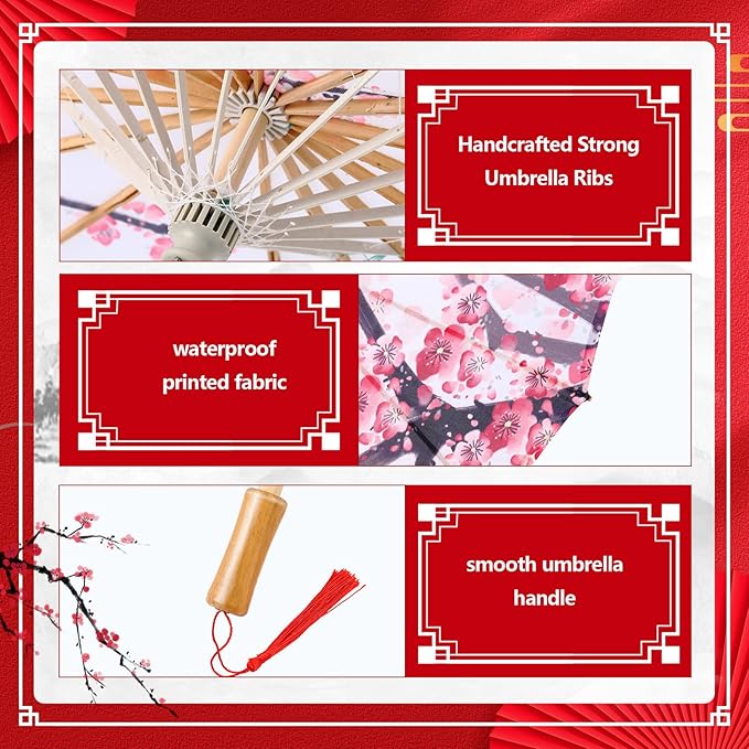 Dunzy 4 Pcs Chinese Handmade Umbrellas 22 x 15 Inch Oiled Paper Classical Plum Blossom Paper Umbrella Parasol Art Dance Japanese Decorations for Wedding Photography Costumes Decoration (Classic)