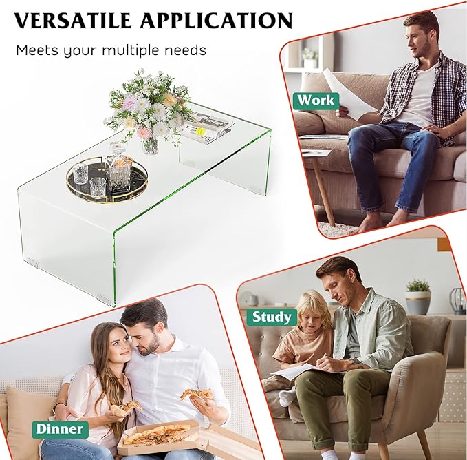ReunionG Glass Coffee Table, Modern Clear Coffee Table with Rounded Edges, Transparent Tempered Glass Coffee Table, U-Shaped Side Table for Living Room Office, 42.5" x 20" x 14" (L x W x H)