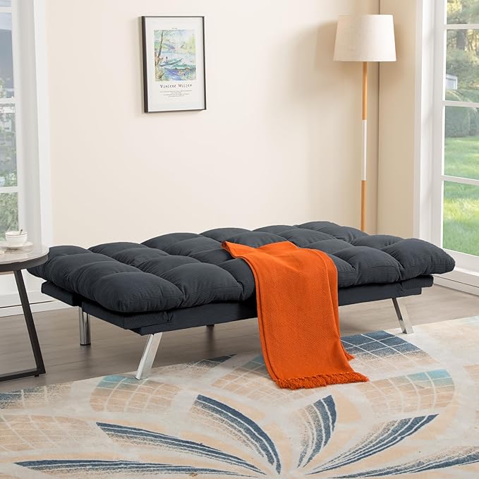 Convertible Futon Sofa Bed, Corduroy Small Futon Couch with Adjustable Armrest & Backrest, Loveseat Sofa Bed for Living Room, Bedroom, Deep Gray