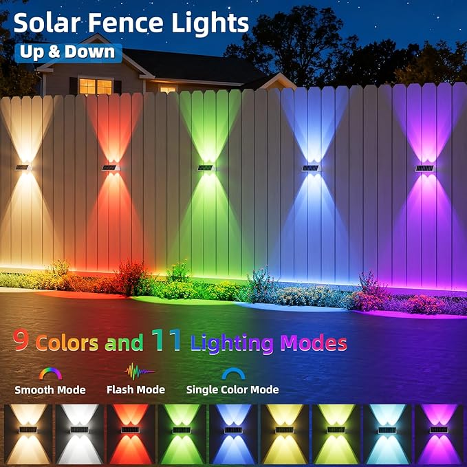 NIORSUN Solar Fence Lights Outdoor, 6 Pack Up and Down Waterproof Solar Wall Lights, Fence Lights with Lens, Warm & Cool White + RGB, Dusk to Dawn Lighting for Patio, Backyard, Pool, Railing (White)