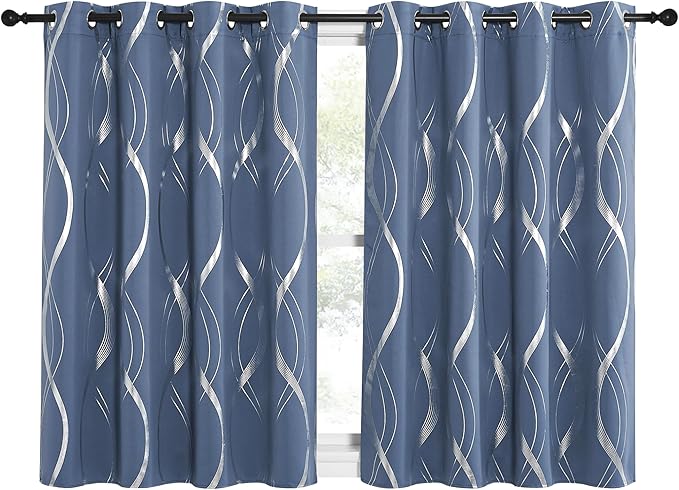 NICETOWN Bedroom Curtains Small Blackout Panels, Biscotti Beige, Set of 2, 34 by 54 Inch, Window Treatment Thermal Insulated Blackout Wave Line Foil Print Design Curtains for Kitchen, Cafe, Loft