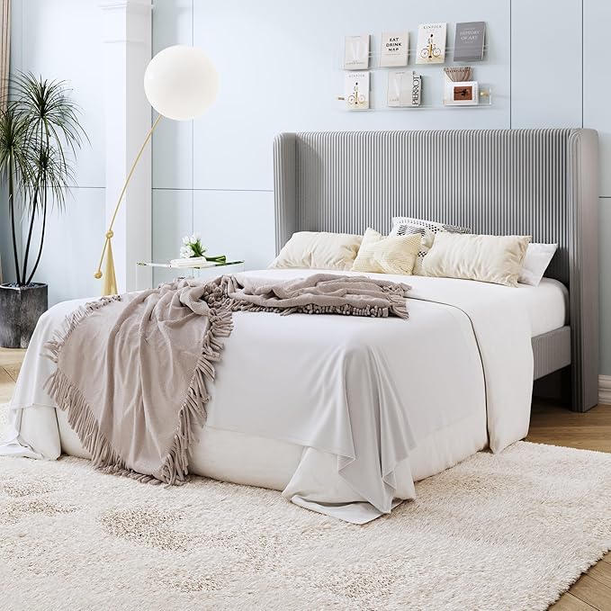 SHA CERLIN Full Size Corduroy Upholstered Platform Bed Frame with Vertical Channel Tufted Wingback Headboard, 8" Under Bed Storage, Wooden Slats & Metal Frame Support, Easy Assembly, Light Grey