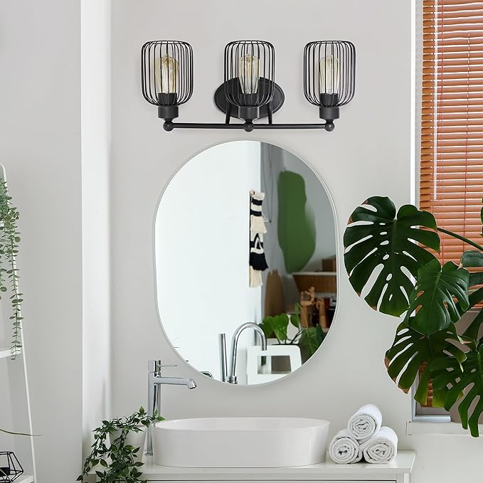 Elegant Designs VT1022-BLK 22" Industrial Farmhouse 3 Light Metal Birdcage Decorative Wall Mounted Vanity Fixture with Matching Metal Oval Backplate, Black