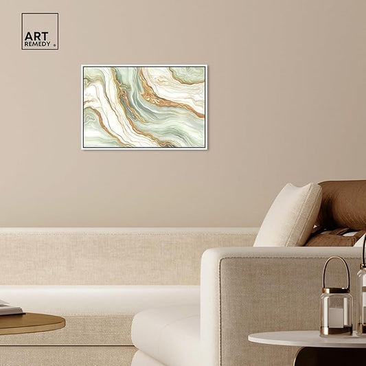 Art Remedy Green And Gold Framed Mineral, Agate & Geode 1 Piece Canvas Wall Art, 25" x 17", White Frame