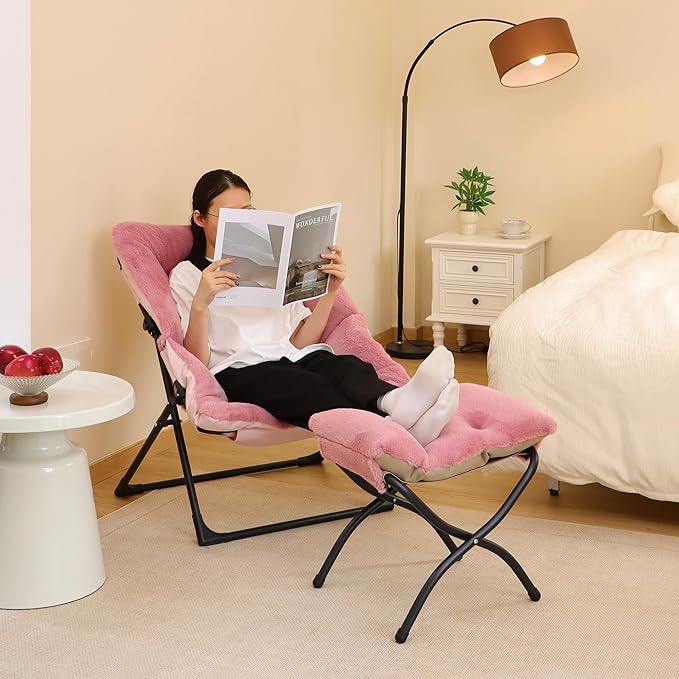 Comfy Saucer Chair for Adults, Soft Faux Fur Bedroom Chair with Ottoman, Accent Dorm Chairs, Living Room Reading Chairs and Footstool, Folding Seat for Teens, X-Large, Dusky Pink