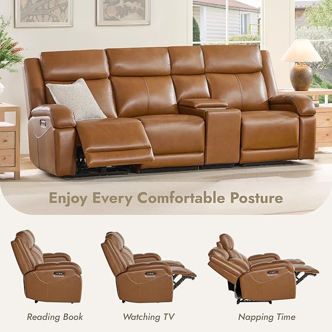 Watson & Whitely Genuine Leather Power Recliner Sofa, 3 Seater Wall Hugger Reclining Sofas with Storage Console, Power Headrest, USB, Electric Recliner Couch Set for Living Room, Saddle Brown