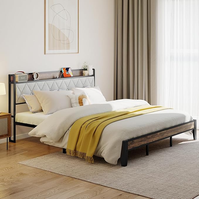 Sweetcrispy King Bed Frame with Headboard, Storage Headboard with USB Charging Station, Durable Squeak-Free Frame, Simple No-Tool Assembly,Works with King Mattress No Box Spring Needed