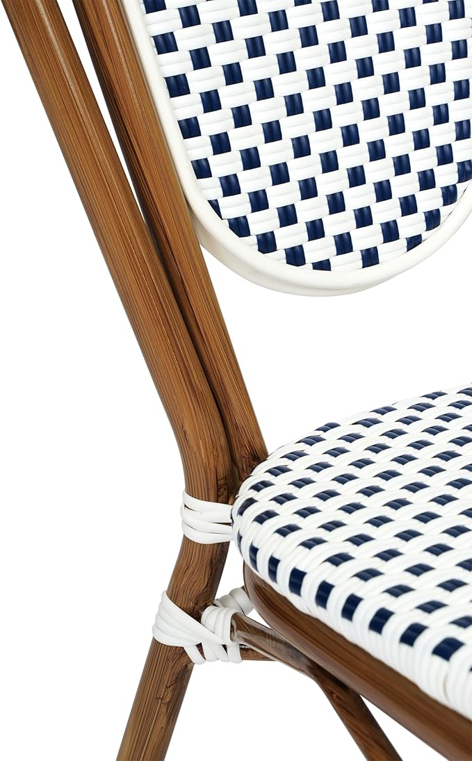 Flash Furniture Lourdes Indoor/Outdoor Commercial Thonet Bistro Stack Chair - White/Navy PE Rattan Back and Seat - Natural Bamboo Print Metal Frame - Set of 4