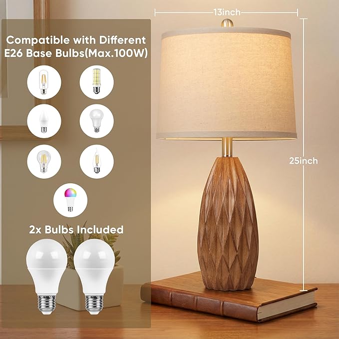 Wood Grain Color Resin Table Lamp, Modern Table Lamp for Living Room, Bedside Lamp Set of 2, Bedroom Lamp for Nightstand with Linen Shade, Diamond-Shaped Lamp Body,Desk Lamp for House (Bulbs Included)