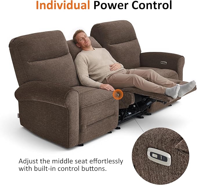 MCombo 87.8" Wall Hugger Power Reclining Sofa, 3-Seat Triple Recliner Couch with USB Ports, Rolled Arm Space Saving Recliner Sofa for Living Rooms Apartments RV, Fabric PR635M5 (Dark Brown) | 1.4" Wall Clearance
