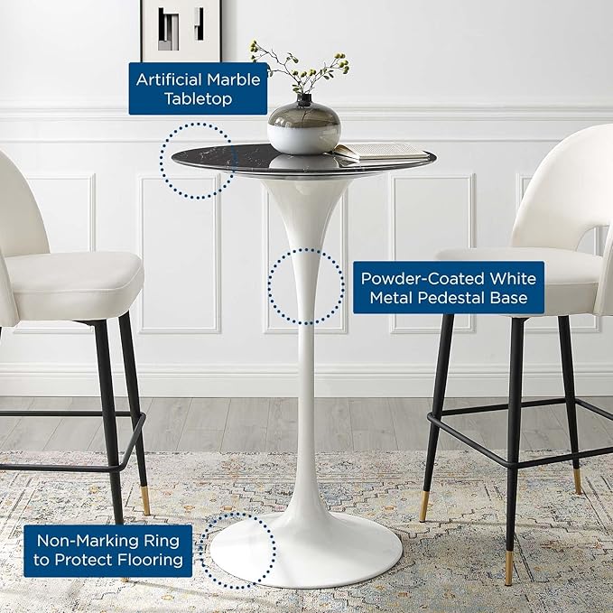 Modway Lippa Round 28" Artificial Marble Mid-Century Modern Bar Table in White Black