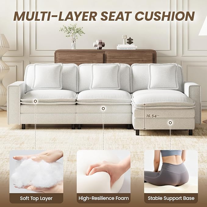 MALOL Modular Sectional Sofa 107", Comfy Cloud Couch with Ottoman, Deep 4-Seat L Shaped Modular Sofa, Couches with Throw Pillows for Living Room, Beige