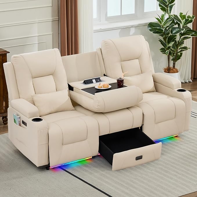 URRED Power Loveseat Recliner Sofa with Console, Wall Hugger Reclining Loveseat RV Couch with LED Light, 150° Zero Gravity Recliners Modular Couches for Living Room (Beige, 77.3'' - 3 Seats)