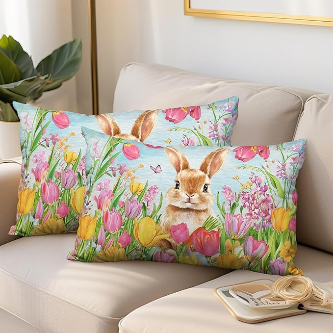 Easter Bunny Lumbar Pillow Covers 12x20 Set of 2 Lovely Rabbit with Tulip Throw Pillow Covers Spring Pillow Case Floral Cotton Blend Cushion Case for Easter Decor Sofa Patio Garden