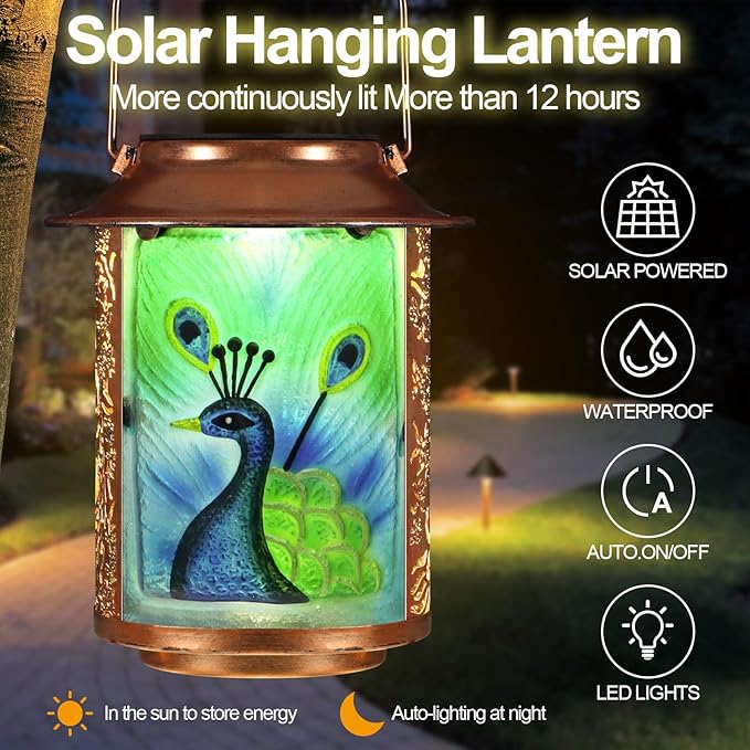 Peacock Solar Lanterns Outdoor Waterproof,Birthday Gifts for Women Mom Grandma Garden Decor,Hanging Solar Lights Wall Mount Decorations for Yard,Front Porch,Patio,Lawn Pathway Landscape