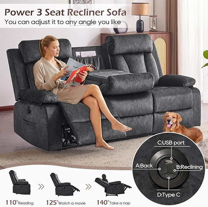 Velvet Power Recliner Sofa Living Room Set, Electric Loveseat Reclining Sofa Couch with Massage & Heat/Console/Cup Holder/USB & Type C, Modern Living Room Furniture Sofa Set (Gray)
