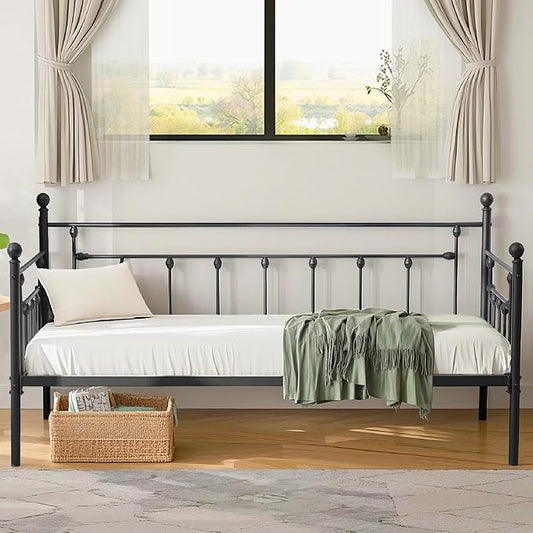VECELO Daybed Frame, Twin Size Metal Platform Bed with Headboard,Heavy Duty Steel Slats Support for Living Room Bedroom Guest Room, Easy Assembly