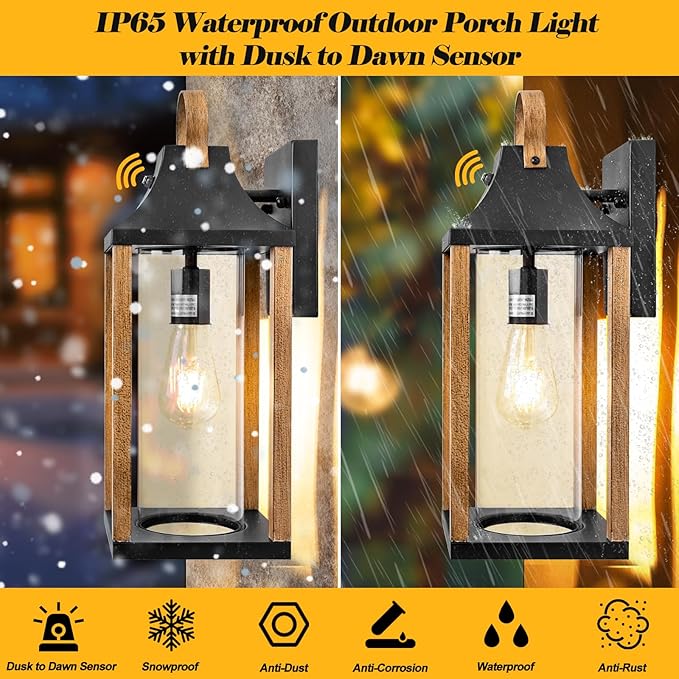 Dusk to Dawn Outdoor Light Fixture Rustic Wood, 17” Large Outside Light for House Cylindrical Glass IP65 Waterproof Outdoor Lantern Scone Farmhouse Porch Light Exterior Wall Mounted Lamp