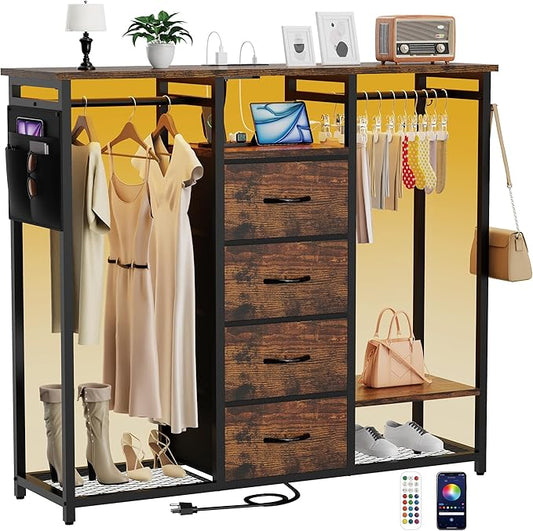 Dresser for Bedroom with 2 Hanging Racks, 4 Drawer Storage Unit with Led Light and Charging Station, Brown Dresser with Clothes Rack, Bedroom Organization with Side Pocket and Hooks, Brown