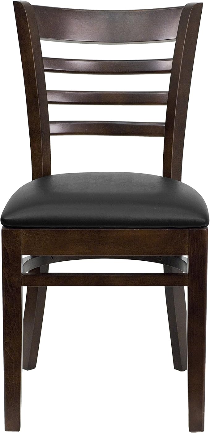 Flash Furniture HERCULES Series Ladder Back Walnut Wood Restaurant Chair - Black Vinyl Seat