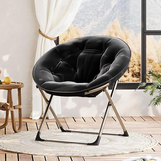 IDEALHOUSE Comfy Folding Padded Saucer Chair, Folding Circle Chair with Metal Frame, Soft Moon Chair for Bedroom, Dorm Rooms, Apartments, Lounging, Garden and Courtyard, Black