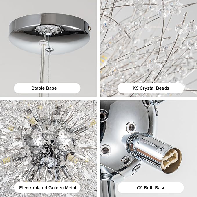SineRise Modern Crystal Chandeliers Firework, Crystal Light Fixture, Dandelion Chandelier (16-Light, Chrome) for Foyer Hallway Entryway Kitchen Bedroom (Bulbs Not Included)