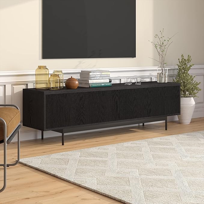 Henn&Hart Fluted TV Stand for TVs up to 75" with 2 Open-Concept Ribbed Storage Cabinets for Living Room, Family Room, or Office, Natural Black