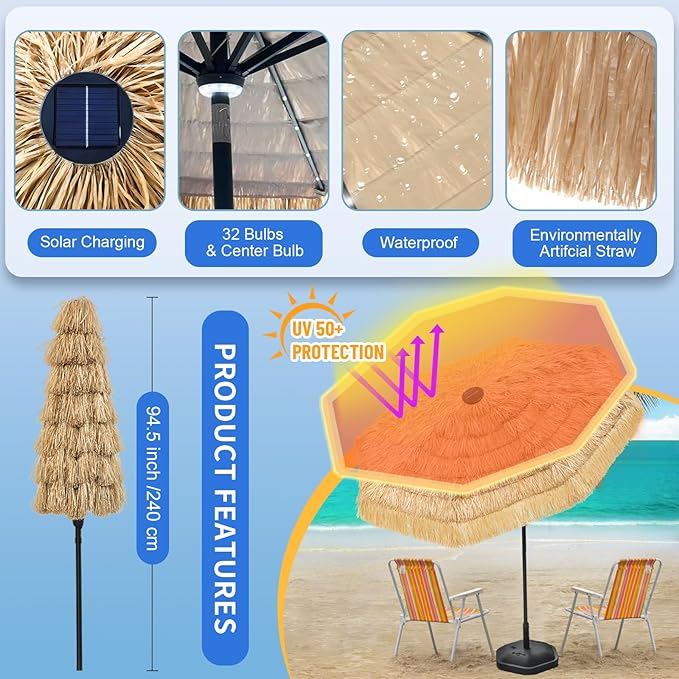 9 FT Solar Thatch Tiki Umbrella, Hawaiian Style Straw Umbrellas, UPF 50+ Patio Umbrella,Outdoor Umbrella with 32 LED Lights for Beach, Pool,Garden