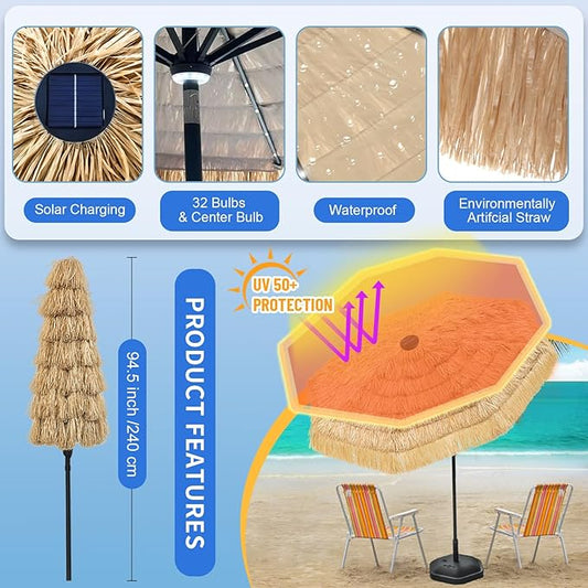 9 FT Solar Thatch Tiki Umbrella, Hawaiian Style Straw Umbrellas, UPF 50+ Patio Umbrella,Outdoor Umbrella with 32 LED Lights for Beach, Pool,Garden