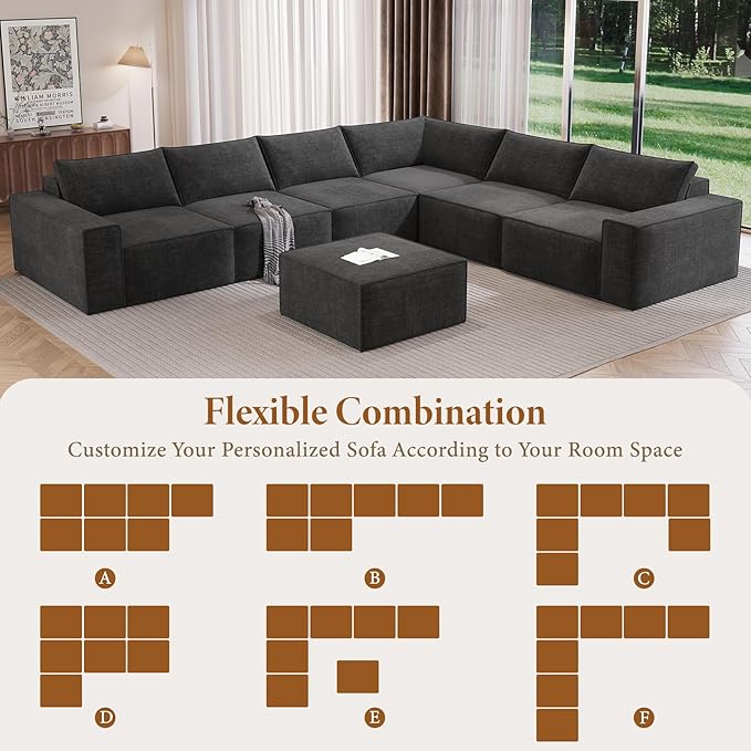 Vesgantti 143.7" Oversized Boneless Couch, Modern 7 Seater Modular Sectional Sofa with Deep Seat, Convertible Chenille Cloud Couches for Living Room, No Assembly Required, Dark Grey