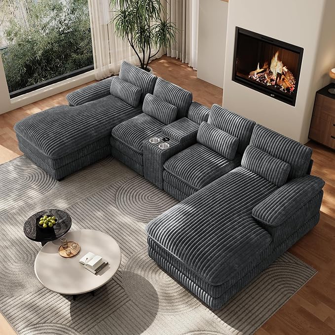 133" Oversized U Shaped Cloud Couch Modular Sectional Couches for Living Room Comfy Corduroy Deep Seat Sofa Set with Double Chaise Lounge, Storage Central Console, Cup Holders, USB Port, Dark Grey