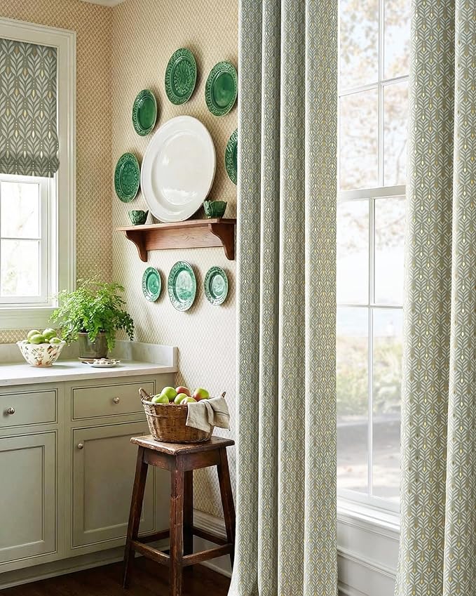 NICETOWN 100% Blackout Curtain Panels for Bedroom 84 inches Long, Green, 2 Pieces, 52 inches Wide, Thermal Insulated Home Decoration Gold Foil Leaf Panels for Living Room/Kids Room