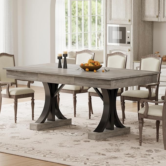 Garvee 71-Inch Wooden Dining Table with 2 Drawers, Rectangular Dining Table w/Large Tabletop & Double Pedestal, Large Kitchen Table for 6-8 with Sturdy Frame, for Dining Room, Kitchen, Rustic Gray