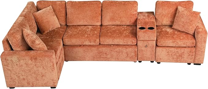 ERYE 120.5-Inch Oversized Sleeper Sectional Sofa W/Pull Out Sleeper Couch Bed, Modern Chenille Upholstered Reversible Modular Sectional Sleeper Sofa with Console & Cupholders | Storage