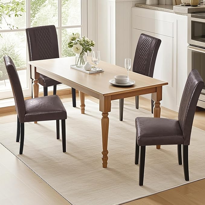 VECELO Dining Chairs Set of 6, Upholstered PU Leather Wood Legs High Back for Kitchen Living Room, Coffee