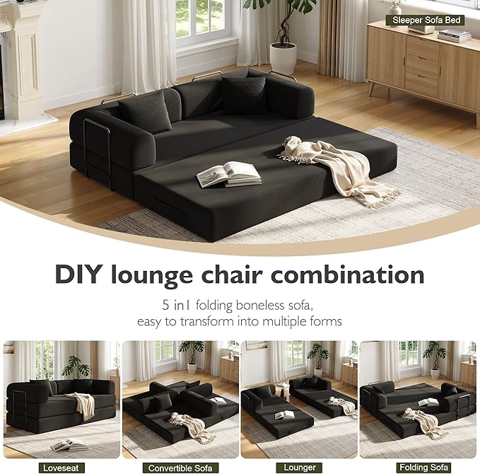 79in Convertible Sofa Bed, Corduroy Boneless Couch Bed, Futon Sleeper Sofa Pull Out Bed, Foldable Couch for Living Room Apartment, No Assembly Required