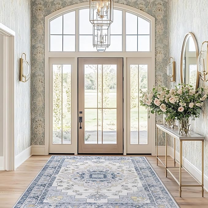 MOSISO 5x7 Area Rug for Living Room, Washable Area Rug, Non-Slip Vintage National Area Rugs, Low Pile Carpet, Faux Wool Rectangular Area Rugs Carpet for Living Room Bedroom Dining Room, Home, Blue